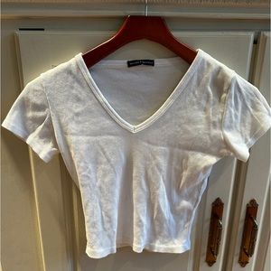 Brandy Melville White Ribbed V-Neck Tshirt O/S
